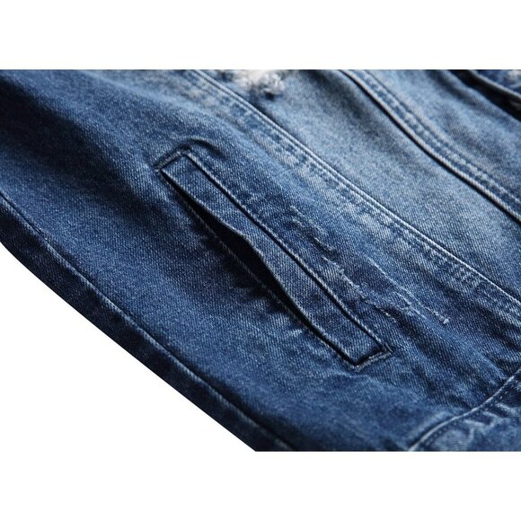 Men's Jean Jacket Distressed Slim Denim Jacket Long Sleeve Button Down Dark Blue - Picture 8 of 9
